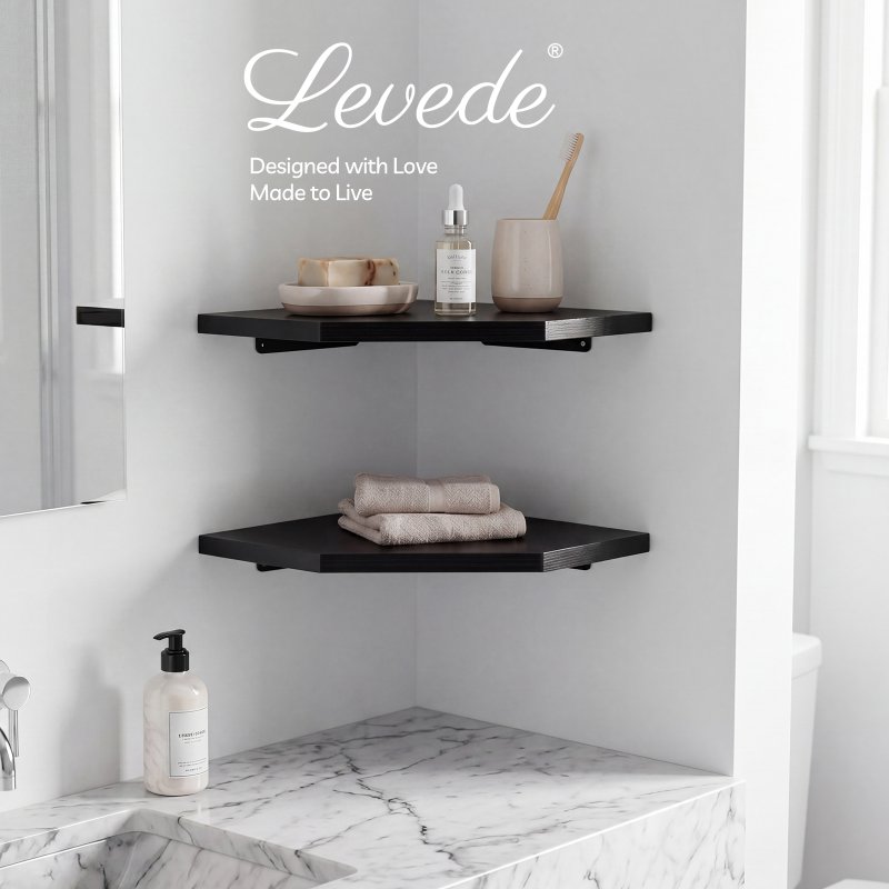 Levede 2 Pack Floating Corner Shelves Cable Cut-Out Wall Mounted Storage Black