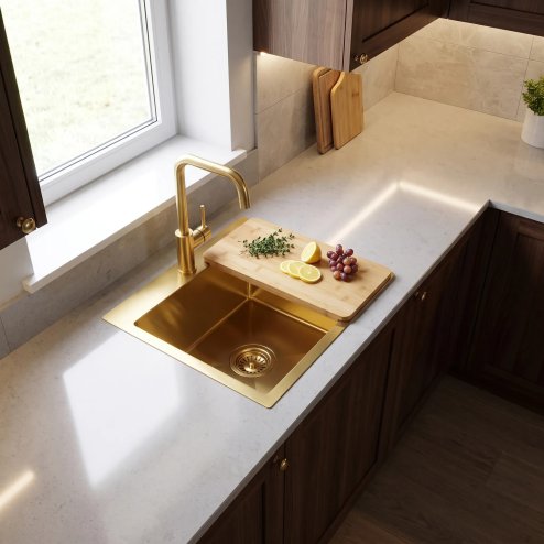 Rea Steel Sink With 3-piece Accessory Set Leo 40 Brush Gold Grey accessories