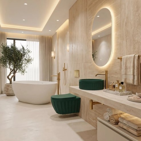Rea Set: Wall-hung Toilet Bowl + Countertop Washbasin Duo Matcha Matt
