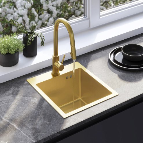 Rea Steel Sink With 3-piece Accessory Set Leo 40 Brush Gold Grey accessories