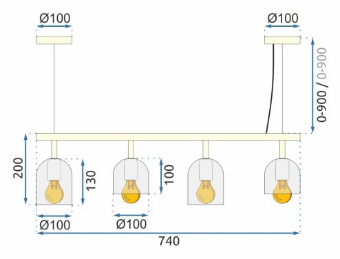 Pendant Lamp TOOLIGHT APP1031-4CP Gold Black 4-light points E27 74x10x20-110cm