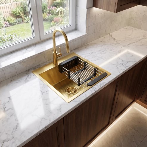 Rea Steel Sink With 3-piece Accessory Set Leo 40 Brush Gold Grey accessories