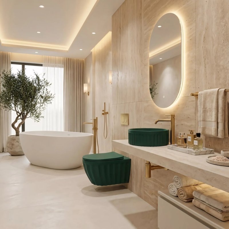 Rea Set: Wall-hung Toilet Bowl + Countertop Washbasin Duo Matcha Matt