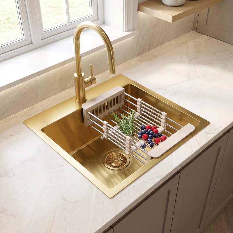 Rea Steel Sink With 3-piece Accessory Set Leo 40 Brush Gold Grey accessories