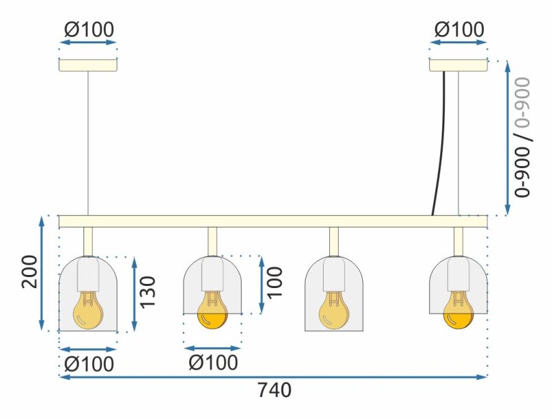 Pendant Lamp TOOLIGHT APP1030-4CP Gold White 4-light points E27 74x10x20-110cm