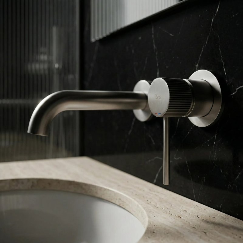 WALL MOUNTED BASIN FAUCET REA LUNGO STRIPE BRUSH STEEL