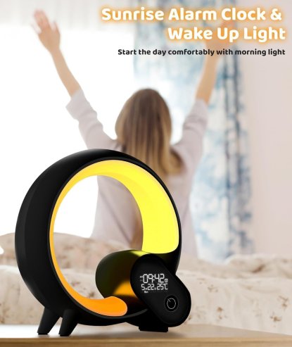 UK Technology Q Lamp, Night Lights Bluetooth Speaker, Bedside Lamp, Dimmable Night Light, Remote Control Lights, Alarm Clock with Music App Control, Smart Light for Bedroom, Teenage Girls Boys Gift