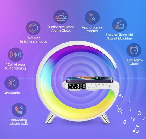 UK Technology G Lamp Wireless Charger, Night Lights Bluetooth Speaker Light, Wireless Charger Lamp, Alarm Clock Night Light for Bedroom, App Controlled, Birthday Gifts Gadgets For Teenage Girls Boys